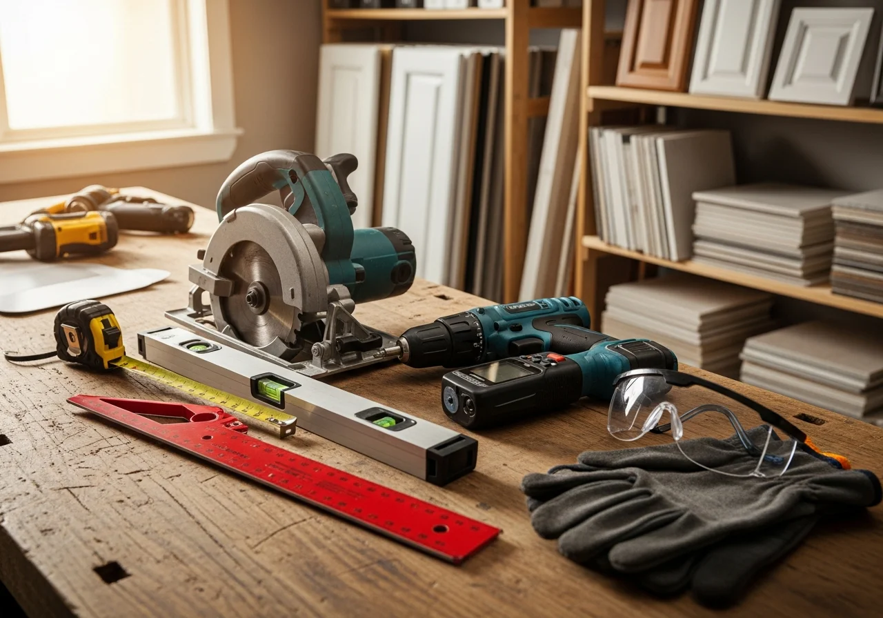 Professional contractor tools and equipment arranged on a workbench, ready for residential renovation projects.