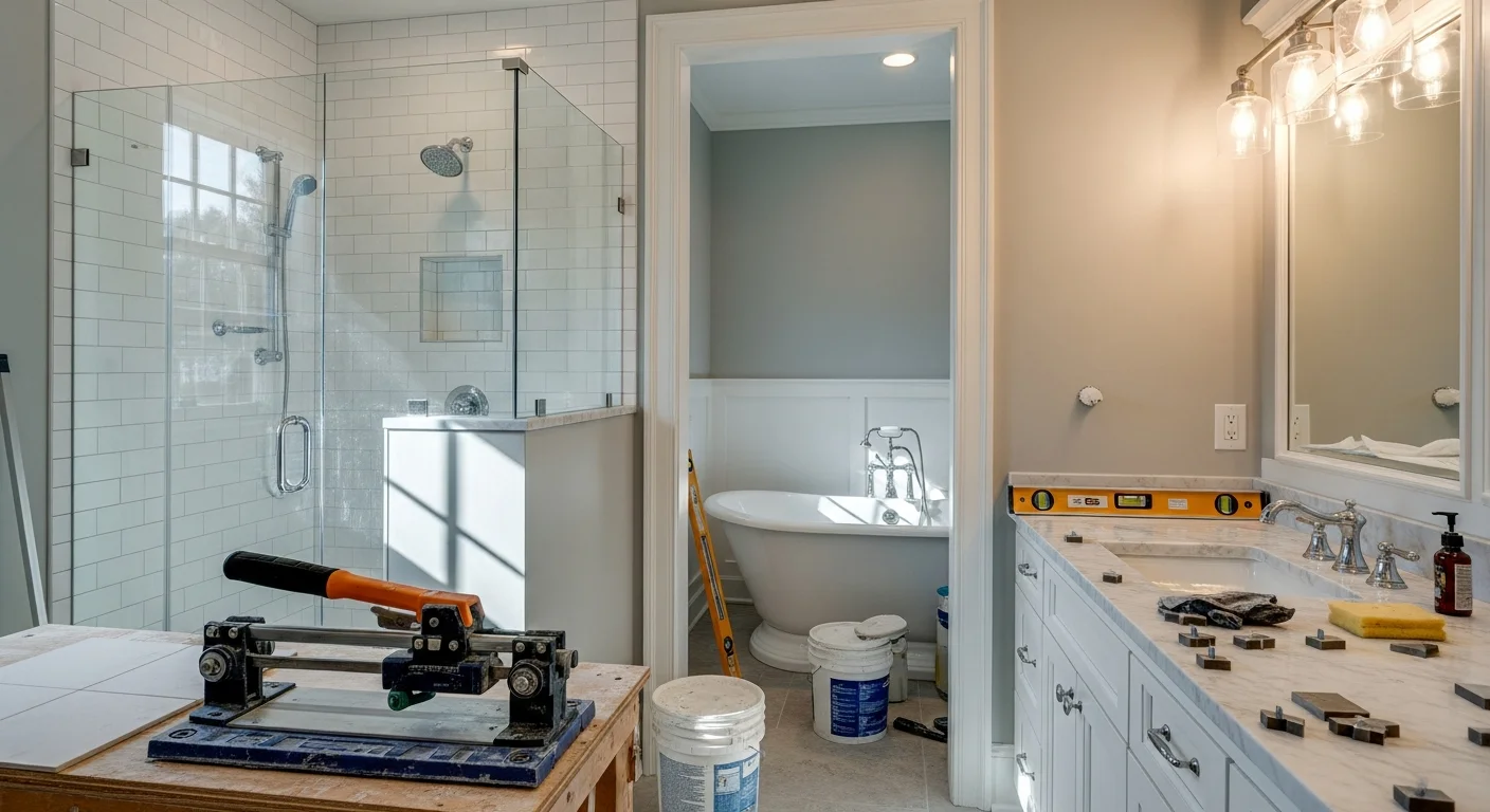 Renovated bathroom with new fixtures and tile flooring