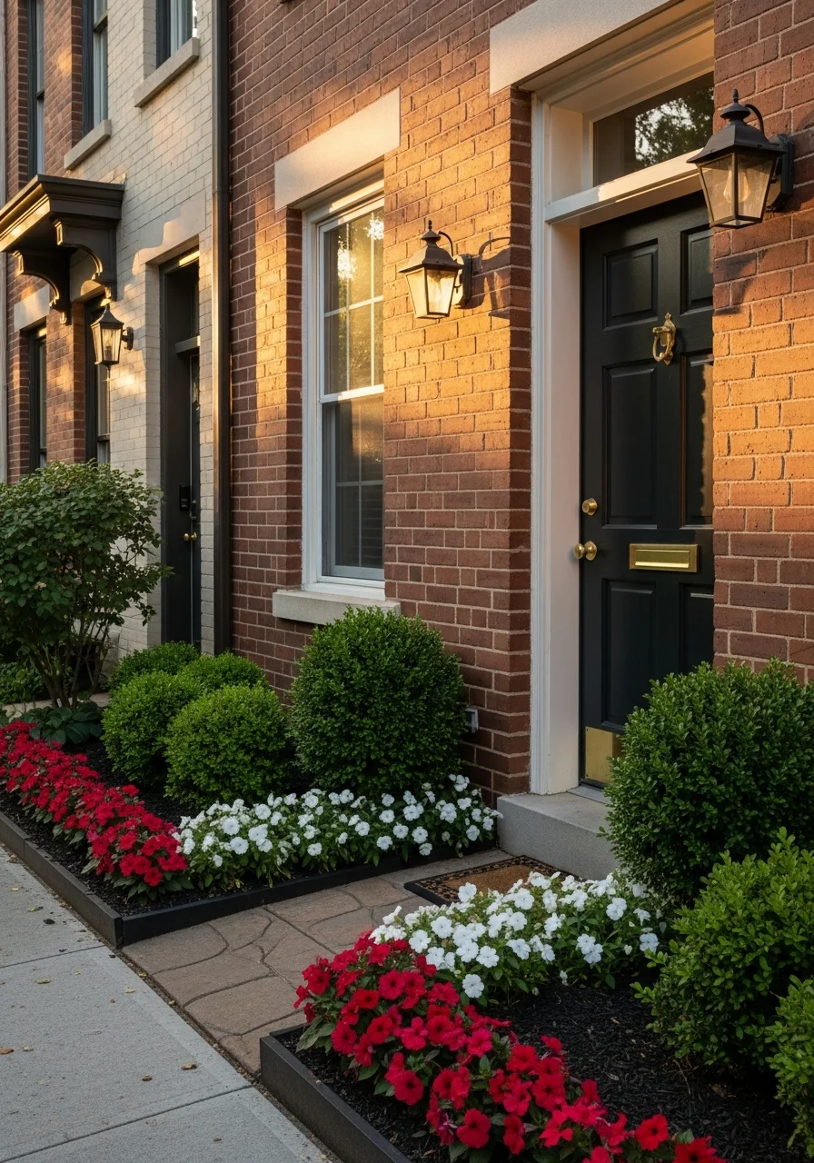 Arlington residential entrance with brick facade and professional entry landscaping on narrow lot.