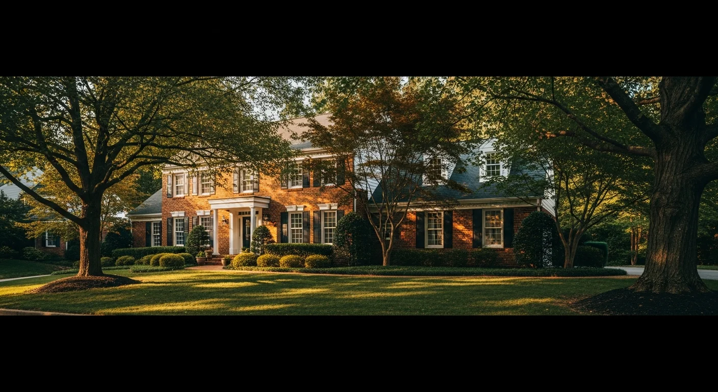 Suburban Burke home with manicured lawn and brick exterior, tree-lined street in background.