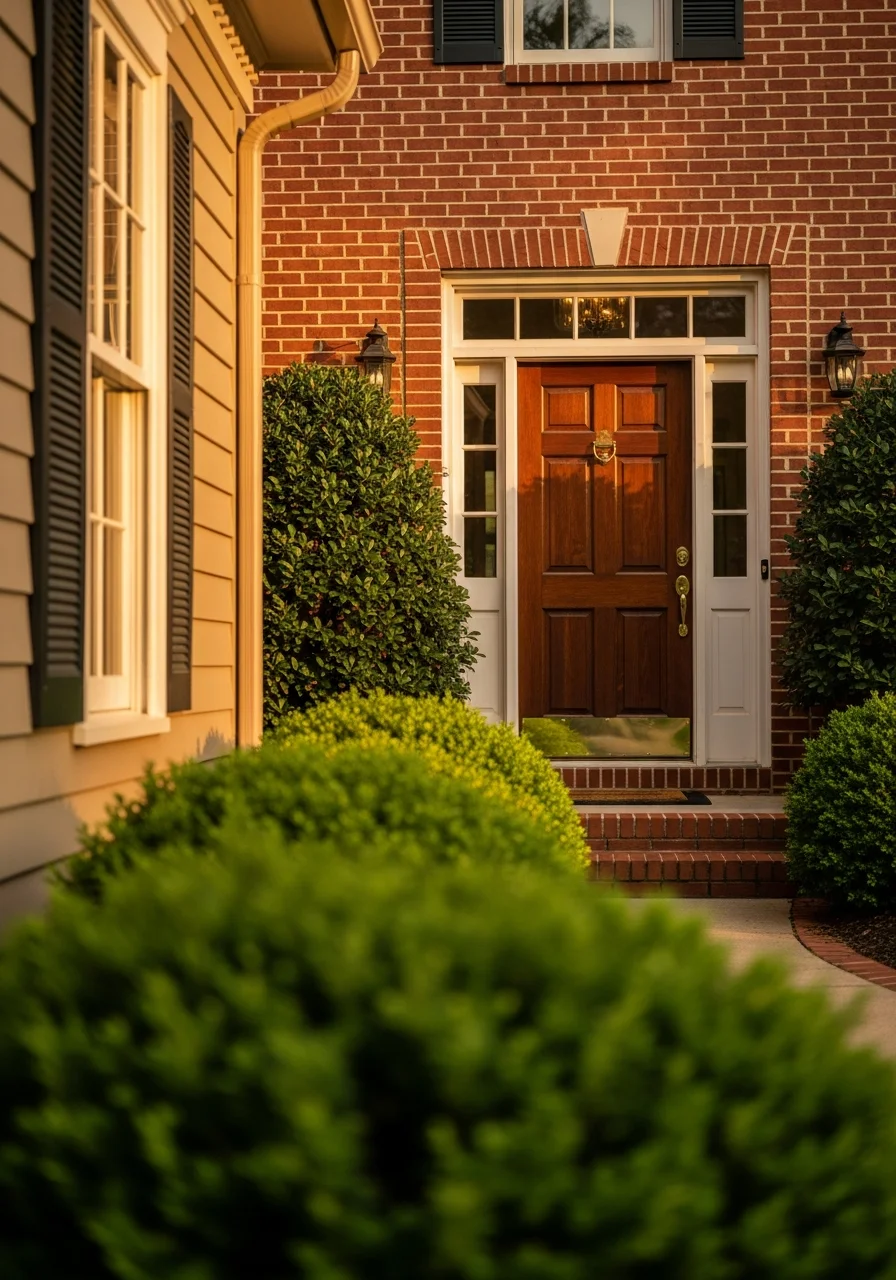 Centreville home entrance with traditional design, welcoming front entry, and established landscaping.