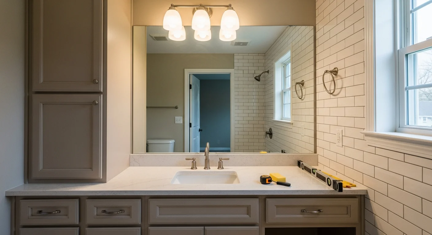 A remodeled bathroom in a Burke, VA home featuring updated tile work, a new vanity, and modern fixtures replacing an original 1980s layout. The space shows clean lines, neutral tones, and a walk-in shower with floor-to-ceiling tile.