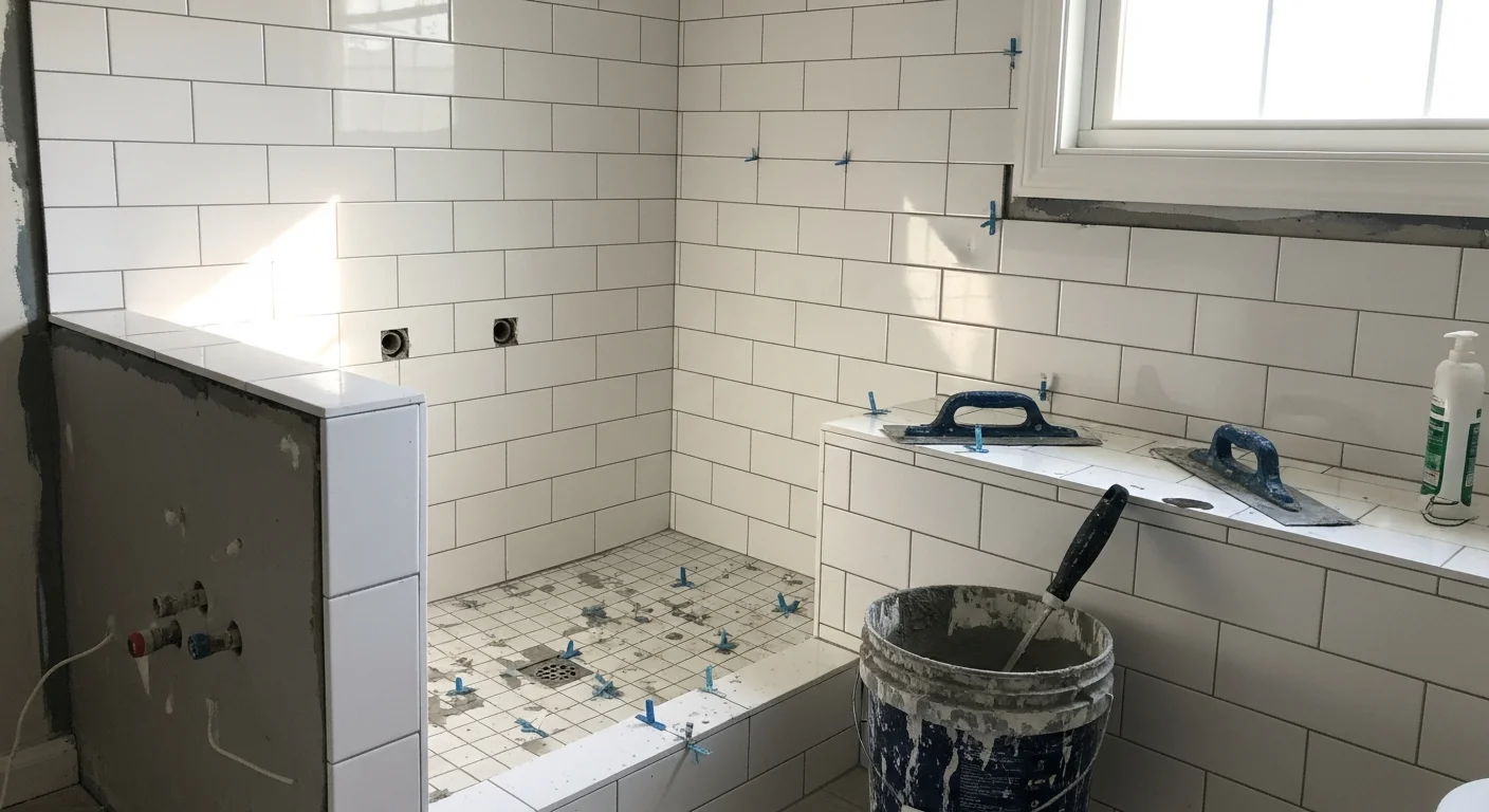 Freshly installed bathroom floor and shower wall tile in a Burke, Virginia home, showing consistent grout lines and clean transitions at the shower base. The tile work covers the full shower surround and extends across the bathroom floor with no visible gaps or uneven edges.