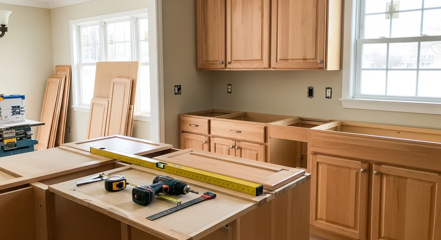 Newly installed white shaker base and wall cabinets in a Burke, Virginia kitchen with open layout and updated hardware. Cabinet runs extend from the sink wall to a pantry tower, showing level alignment and clean finish work throughout.