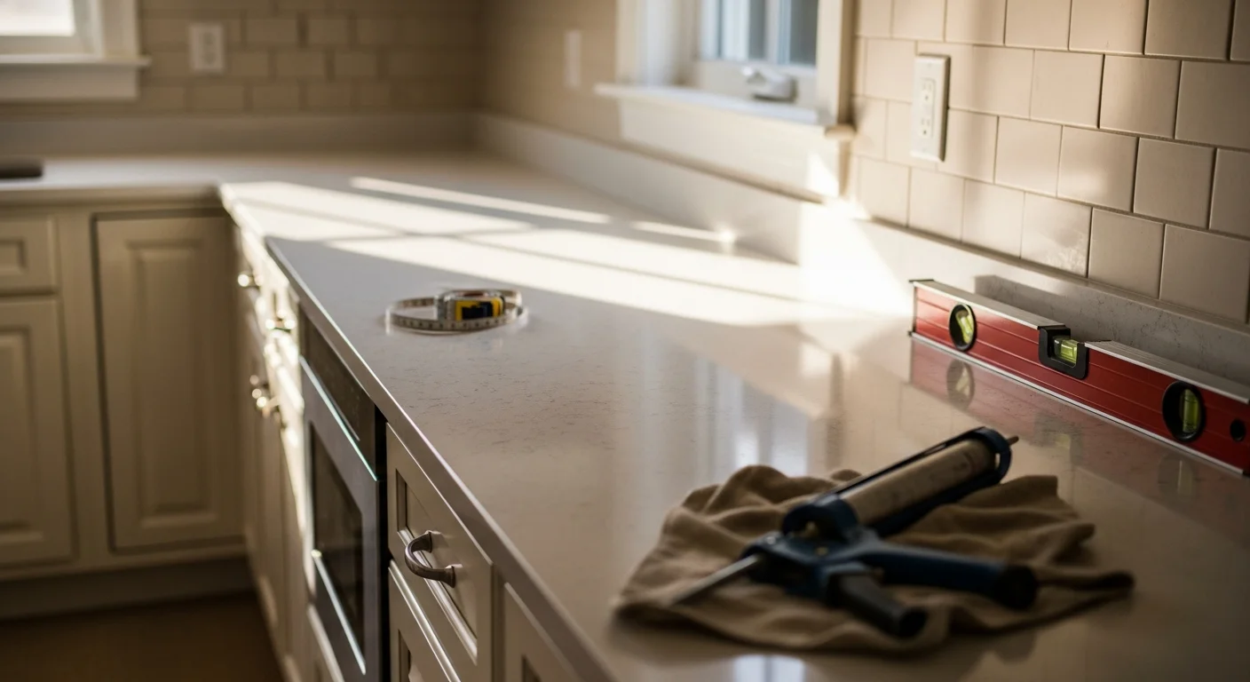 Newly installed kitchen countertop in a Burke, Virginia home, showing a clean surface fit against white cabinets with a stainless steel sink cutout. The kitchen reflects the colonial-style layout common in Burke's single-family neighborhoods.