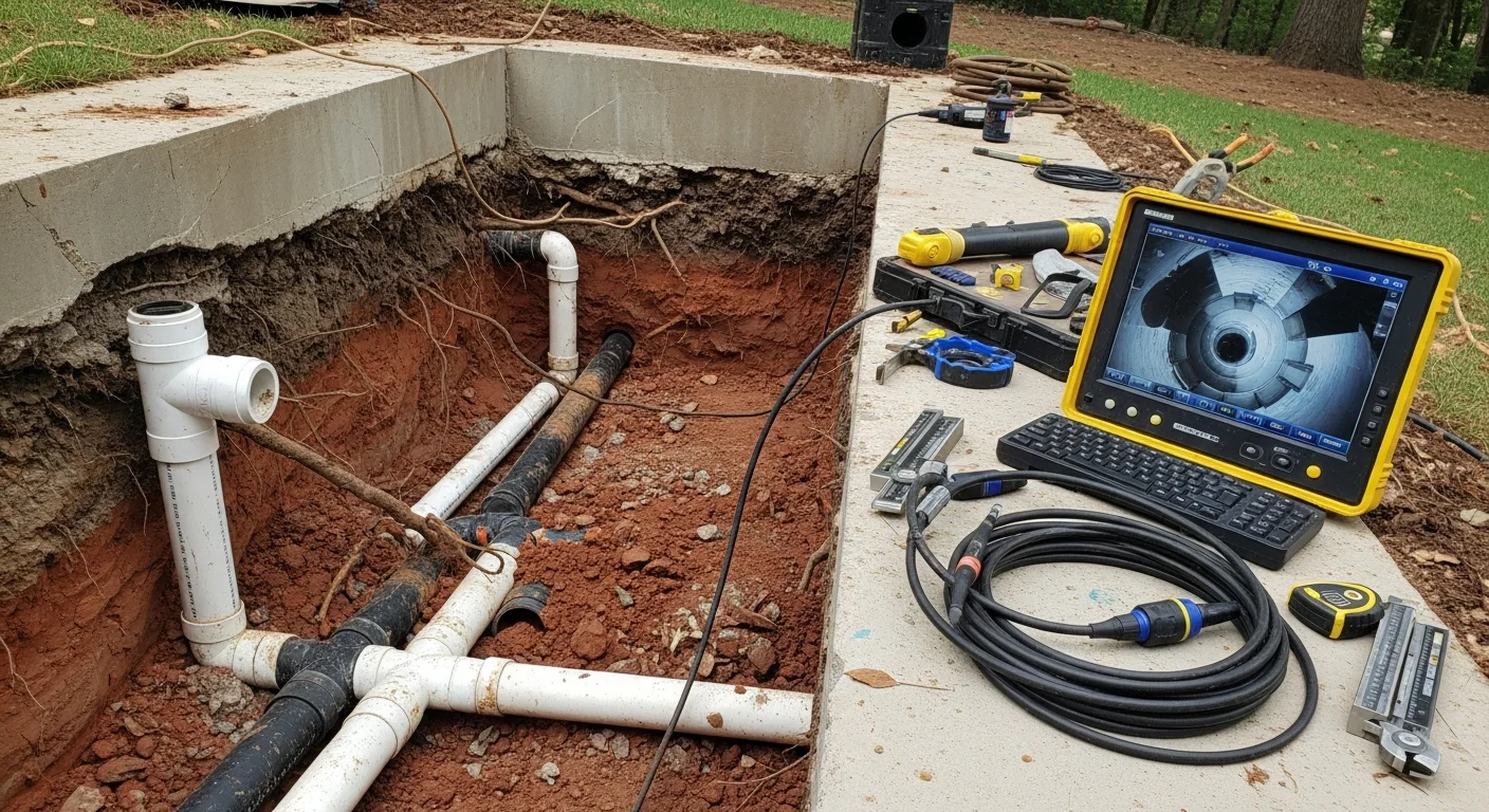 A plumber inspecting an exposed residential drain pipe in a Burke, Virginia home, with visible pipe joint damage consistent with older construction. The repair area shows corroded fittings being replaced under a utility sink.