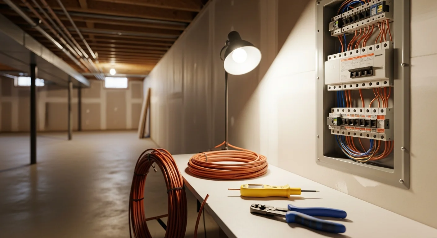 A licensed electrician installing a new circuit breaker panel in a Burke, Virginia home built in the 1980s. New wiring runs are visible along the wall leading to a dedicated circuit outlet in the adjacent room.