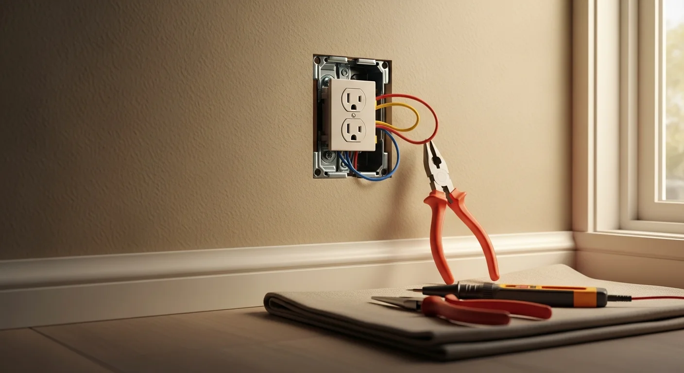 A licensed electrician installing a new GFCI electrical outlet in a Burke, Virginia home kitchen. The finished outlet box is flush-mounted in a painted drywall wall with a clean white cover plate.