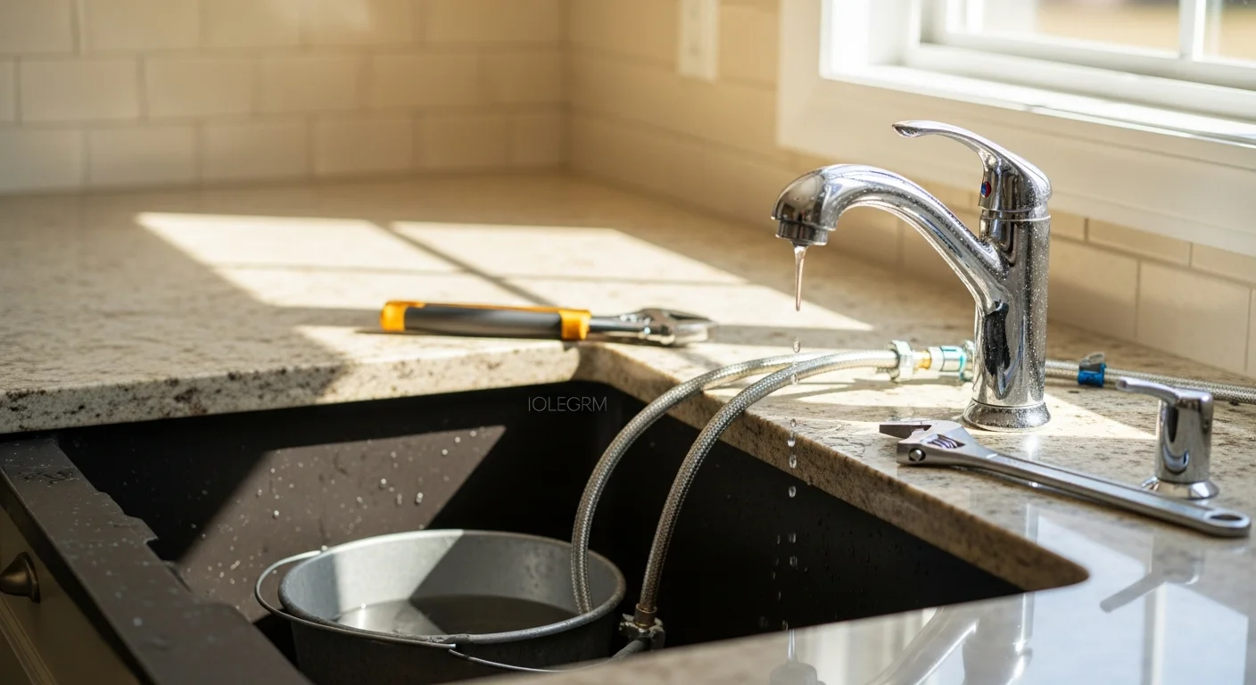A newly installed bathroom faucet and sink fixture in a Burke, Virginia home, replacing original hardware from a 1980s colonial-style property. The finished installation shows clean connections and no visible corrosion or mineral buildup around the base.