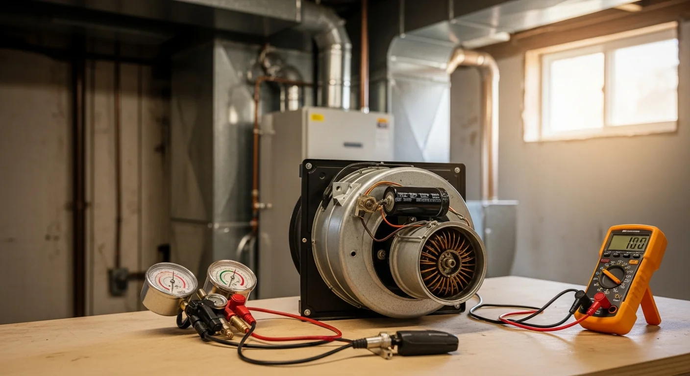 A technician from Custom Home Improvement LLC inspecting an outdoor HVAC condenser unit at a single-family home in Burke, Virginia. The image shows the open unit panel with internal components visible during a repair service call.