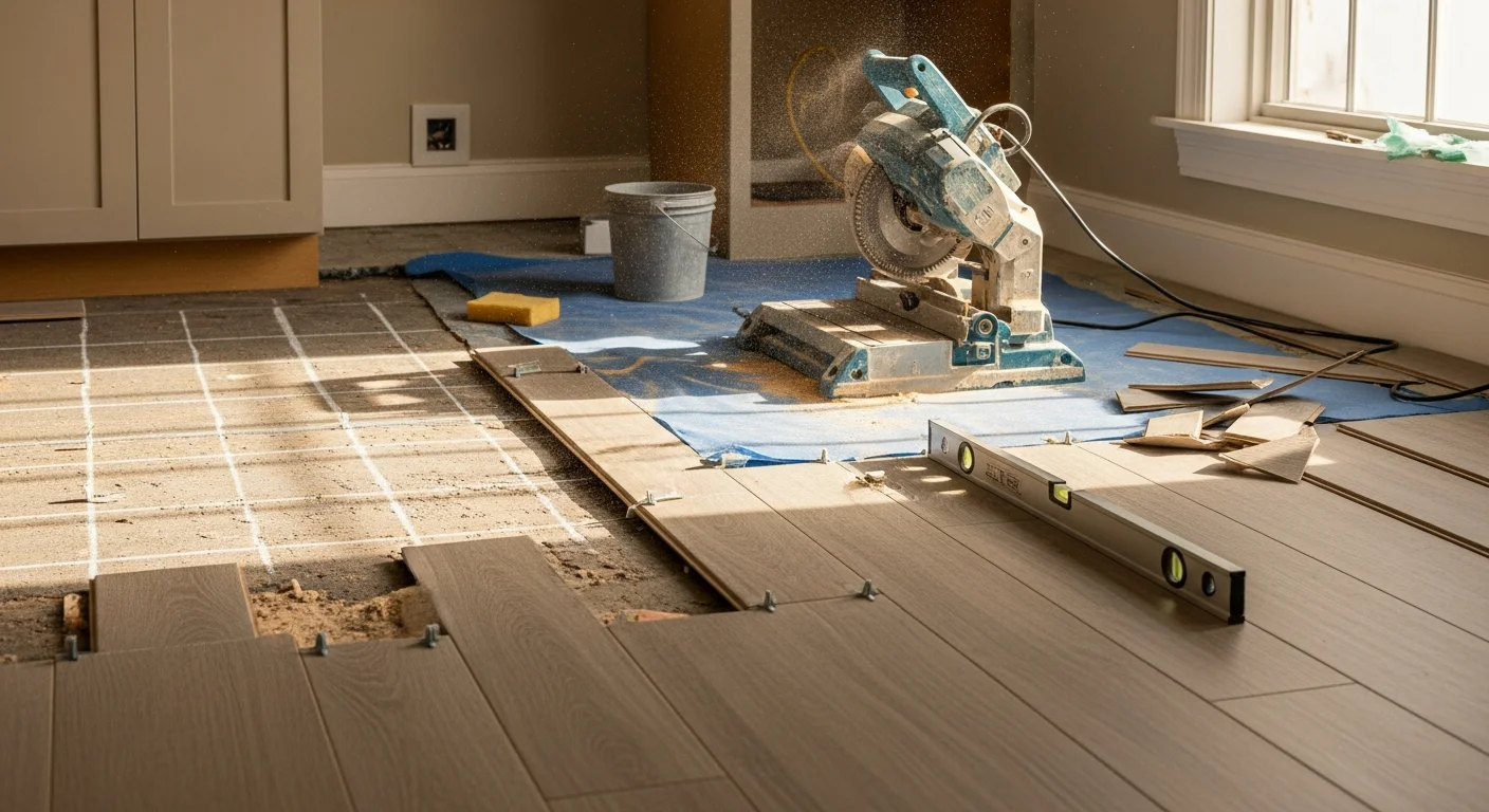 Newly installed kitchen flooring in a Burke, Virginia single-family home, showing a clean, level surface extending from the cabinets to the dining area. The kitchen features updated flooring that replaces original material common in Burke's 1970s-era colonial-style homes.