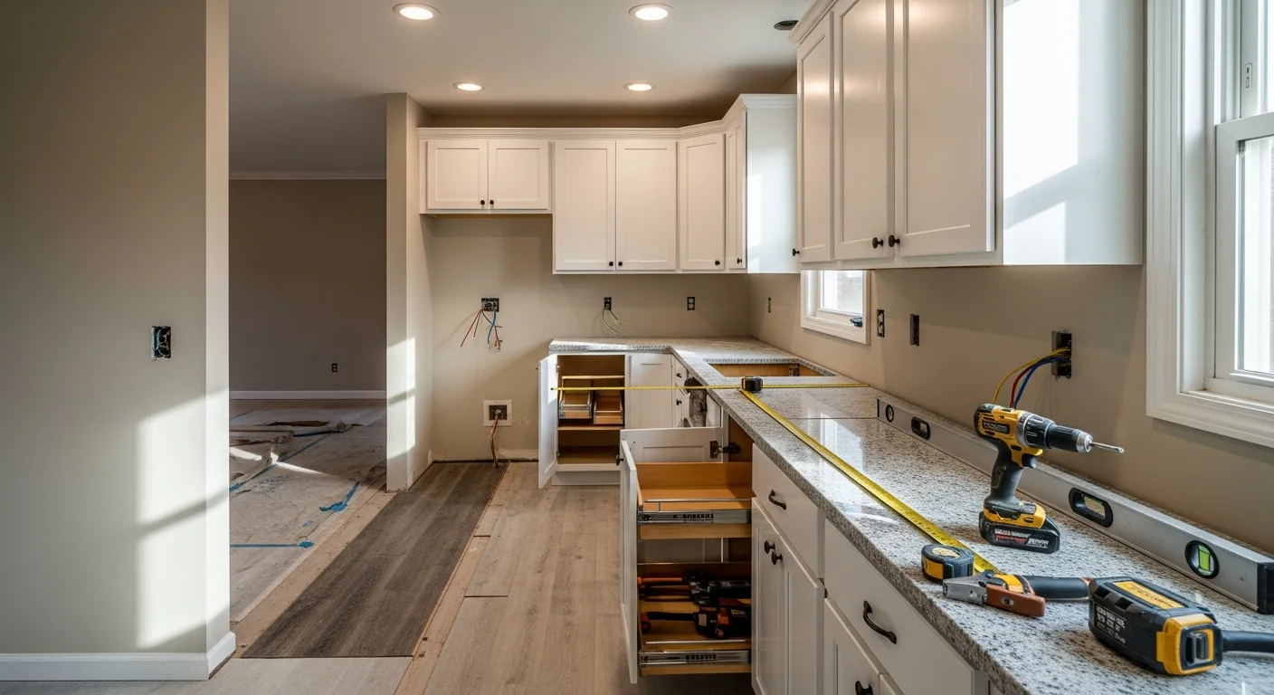 Remodeled kitchen in a Burke, Virginia home featuring updated cabinetry, new countertops, and an open layout replacing an older segmented floor plan. The finished space shows improved storage and a clear workflow from prep area to cooking zone.