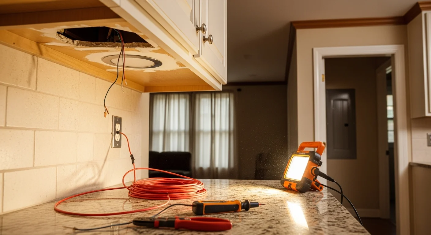 A licensed electrician from Custom Home Improvement LLC installing recessed lighting in the living room of a colonial-style home in Burke, Virginia. The finished ceiling shows evenly spaced fixtures with clean trim against a white ceiling in a residential setting.