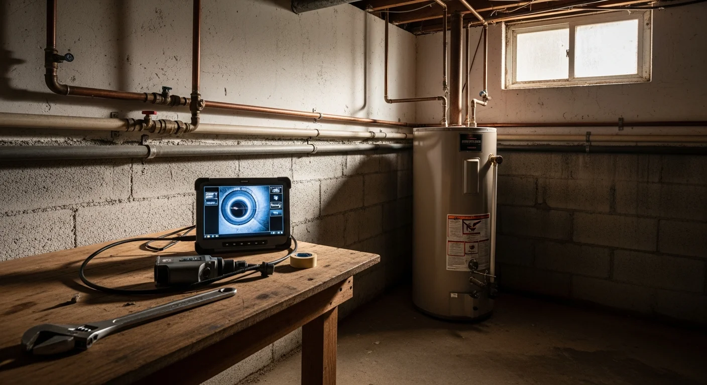 A licensed plumber from Custom Home Improvement LLC inspecting supply pipes and shutoff valves in the utility area of a 1980s single-family home in Burke, Virginia. The image shows a flashlight and inspection tools being used to examine visible copper pipe connections near the water heater.