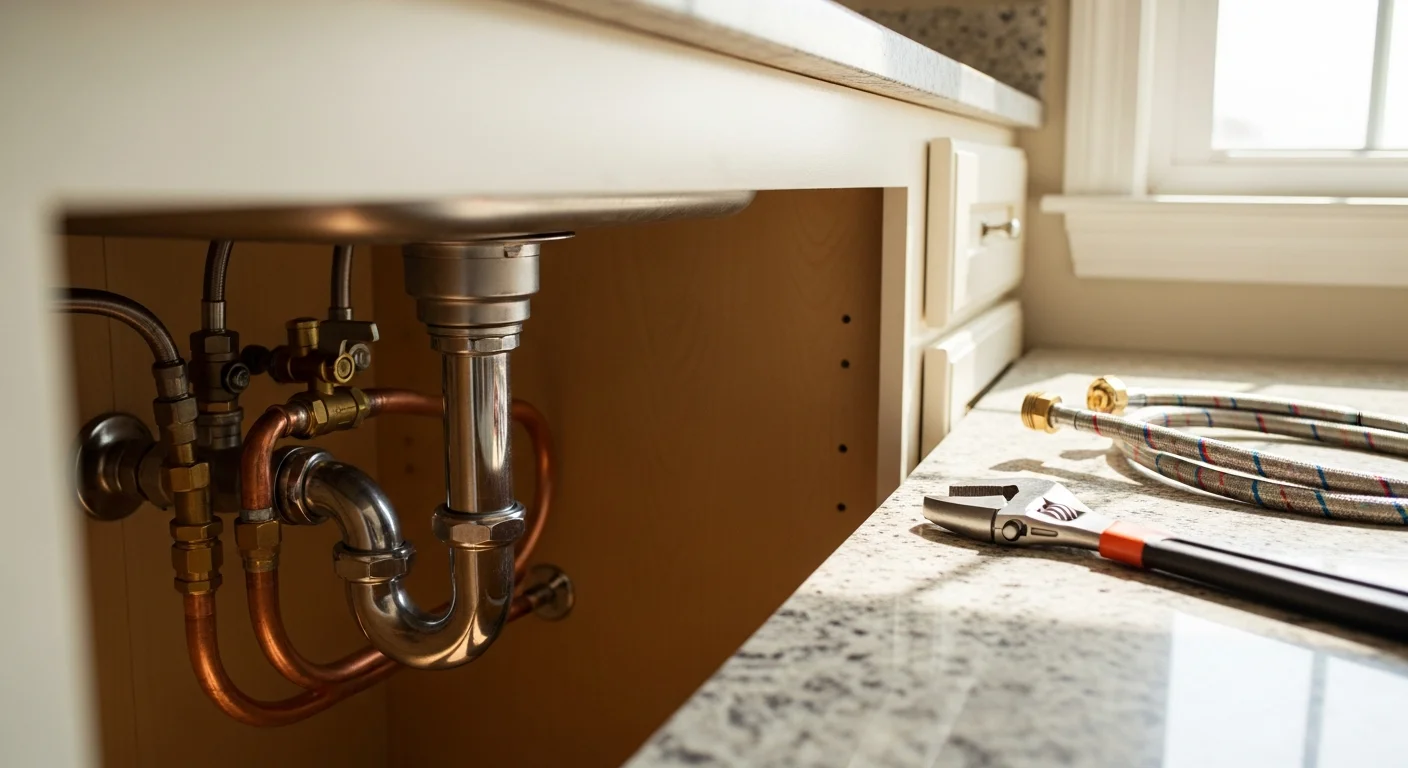 A licensed plumber installing a new water supply line and fixture connections beneath a bathroom sink in a Burke, Virginia home. The work area is clean and the new copper lines are neatly fitted to the shutoff valves.