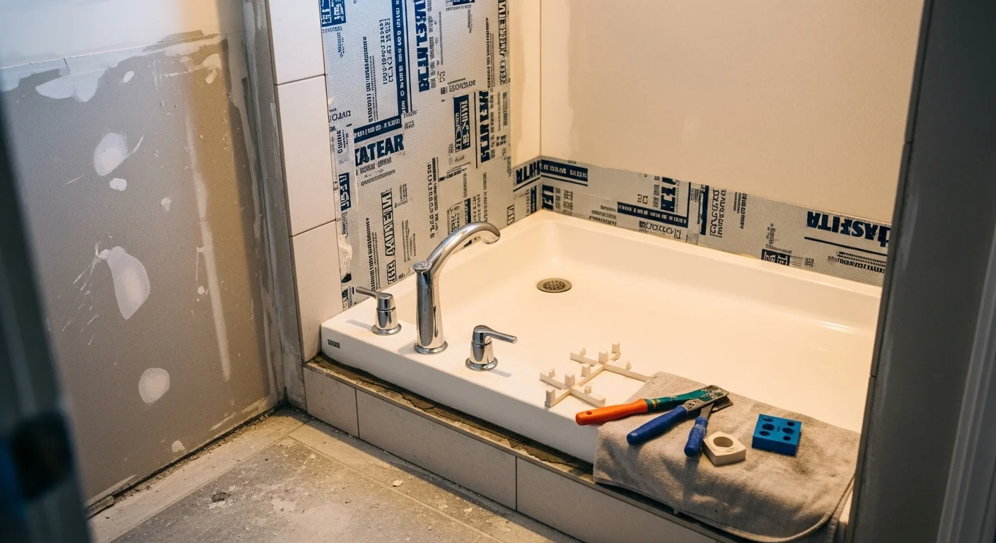 A newly installed walk-in shower in a Burke, VA single-family home, featuring a tiled surround, frameless glass enclosure, and updated fixtures. The bathroom reflects a renovation typical of older Fairfax County homes upgraded for modern use.