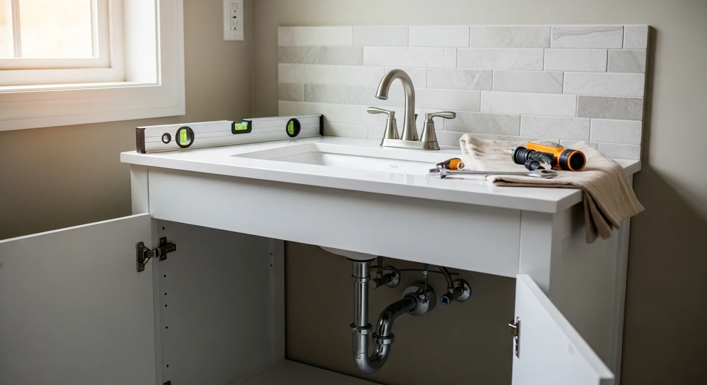 A newly installed bathroom vanity with a white cabinet base and clean sink connections in a Burke, Virginia home. The surrounding wall and flooring show a finished, move-in-ready bathroom remodel.