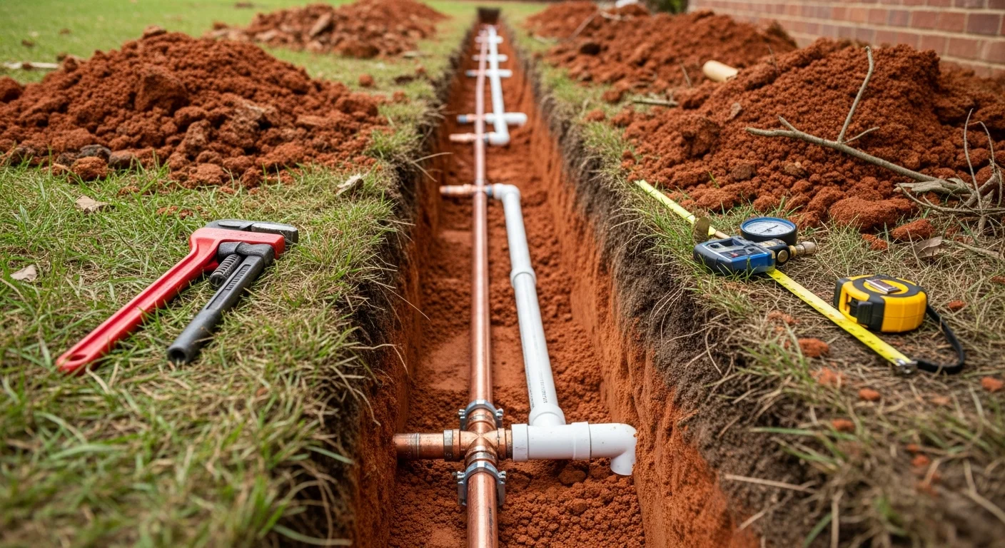 A licensed plumber from Custom Home Improvement LLC inspecting a newly installed underground water line trench at a residential property in Burke, Virginia. The excavated trench shows properly bedded pipe running from the street connection toward the home's foundation.